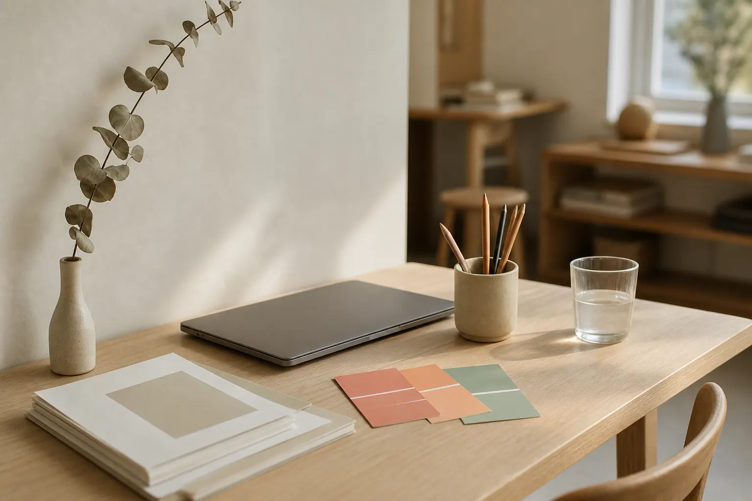 Atelier Irohaの作業机。閉じたノートパソコンの手前に、コーラルとセージの色見本カードとプリントした構成案が並んでいる。